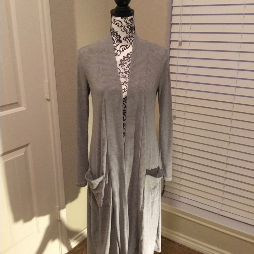 Heather gray full length wrap sweater